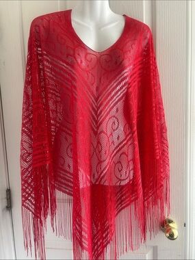 Red Mesh Fringe Swim Coverup